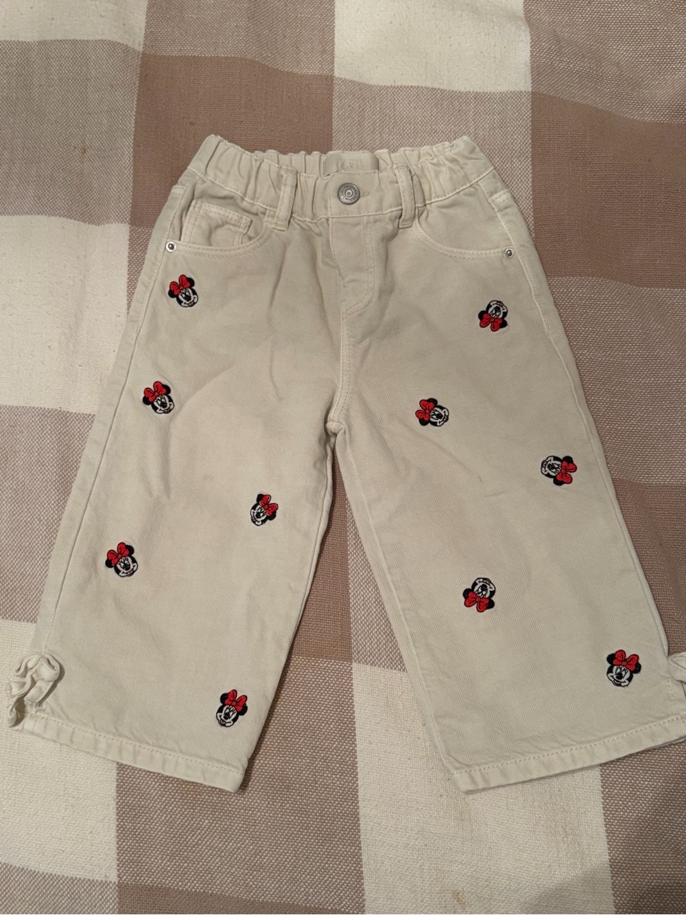 Zara Cream Kids Jeans with Red Minnie Embroidery